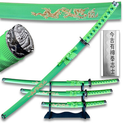 3-Piece Green & Gold Carved Dragon Sword Set – Katana, Wakizashi, Tanto with Purple Scabbards & Display Stand | 440 Steel Samurai Swords