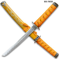 Edge Tanto 21" Sword – High Carbon Steel Blade with Gold Dragon Engraved Yellow Scabbard & Kanji Etching | Samurai Collectible - Thumbnail 3