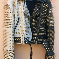 Crafted Leather New Handmade Women's Comfortable Black White Studded Brando Metal Spiked Leather Round Studs Jacket - Thumbnail 1