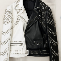 Crafted Leather New Women Punk Black White Silver Long Spiked Studded Brando Biker Leather Jacket - Thumbnail 1