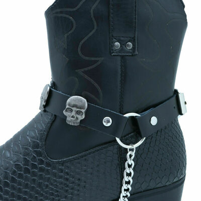 Biker men western boot silver chains faux leather straps bracelet skull charms