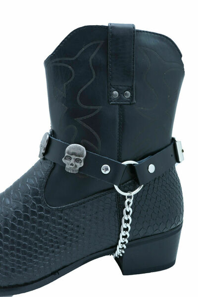 Biker Men Western Boot Silver Chains Faux Leather Straps Bracelet Skull Charms