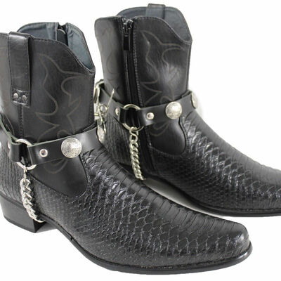 Biker men western boot silver chain pair faux leather straps indian charms