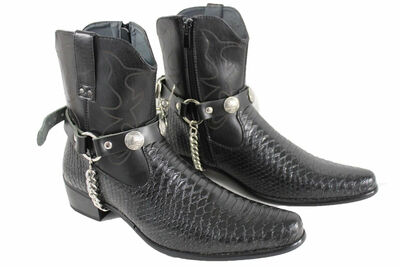 Biker Men Western Boot Silver Chain Pair Faux Leather Straps Indian Charms