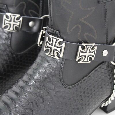 Biker men boots pair straps silver chains black leather iron cross charms