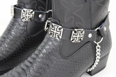 Biker Men Boots Pair Straps Silver Chains Black Leather Iron Cross Charms