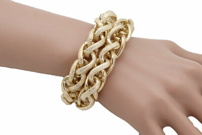 Women Bracelet Gold Textured Chain Links Double Strands Night Club Party