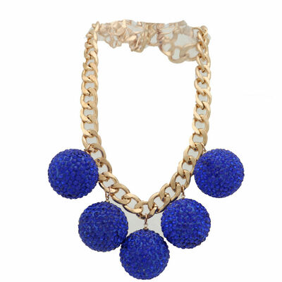 Women fashion gold metal chain necklace blue disco ball charms evening look