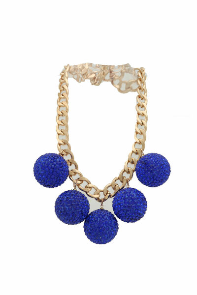 Women Fashion Gold Metal Chain Necklace Blue Disco Ball Charms Evening Look