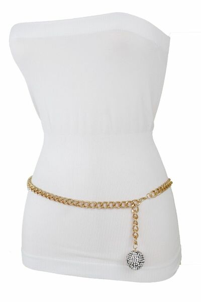Women Fancy Fashion Belt Gold Metal Chain Disco Ball Charm XS S M L XL XXL