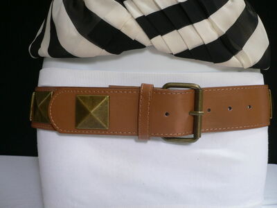 Women HIP WAIST FAUX LEATHER BROWN FASHION BELT BIG SQAURE GOLD STUDS S M