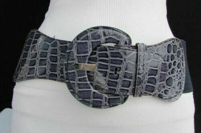 Women Fashion Belt Hip Waist Dark Navy Blue Elastic Big Round Buckle M L XL