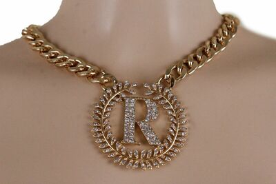 Women Fashion Gold Metal Chain Link Necklace Going Out R Name Charm Pendant