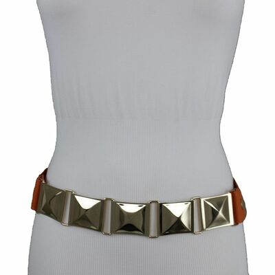 Women fashion orange belt hip waist gold metal square buckle pool party s m