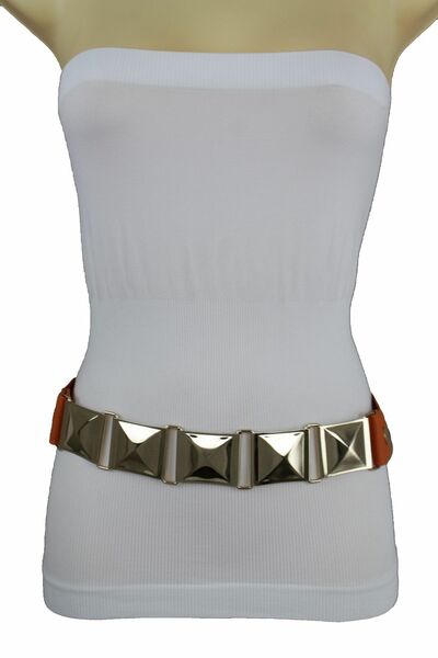 Women Fashion Orange Belt Hip Waist Gold Metal Square Buckle Pool Party S M