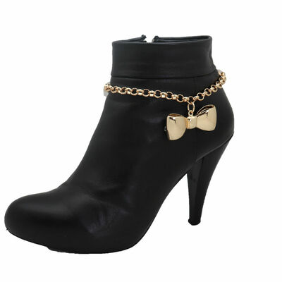 Women gold metal chain boot bracelet shoe bow tie ribbon charm gift present