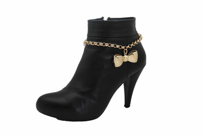Women Gold Metal Chain Boot Bracelet Shoe Bow Tie Ribbon Charm Gift Present