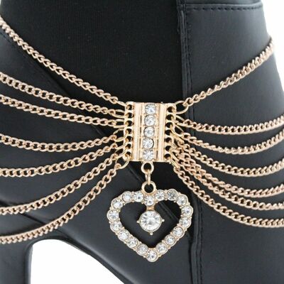 Women gold boot anklet chain 1 strap rhinestone big heart shoe bling charm