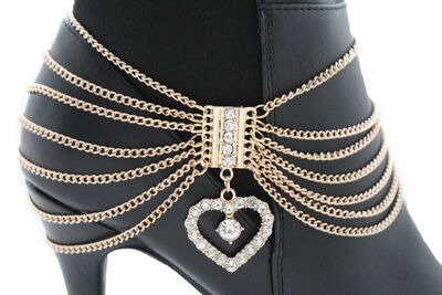 Women Gold Boot Anklet Chain 1 Strap Rhinestone Big Heart Shoe Bling Charm