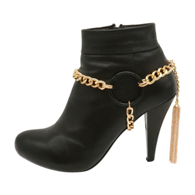 Women gold metal chain boot bracelet shoe black circle charm tassel jewelry