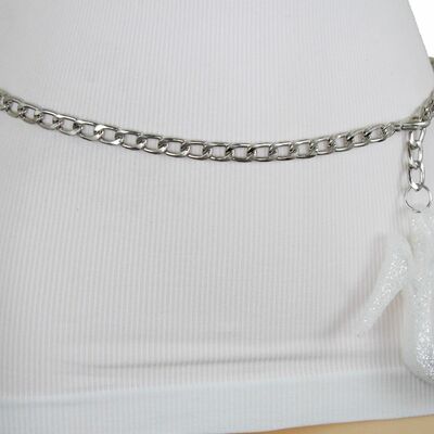 Women silver metal chain belt glitter shiny white shoe buckle size xl xxl 