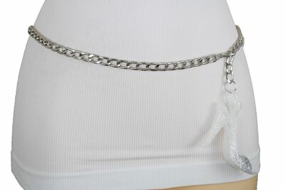 Women Silver Metal Chain Belt Glitter Shiny White Shoe Buckle Size XL XXL 