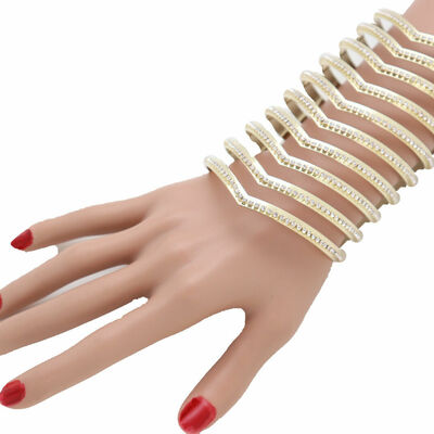 Women gold metal long cuff bracelet chevron wonder trendy fashion jewelry