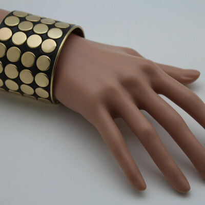 Women gold wide cuff bracelet metal fashion jewelry circles poka dots black