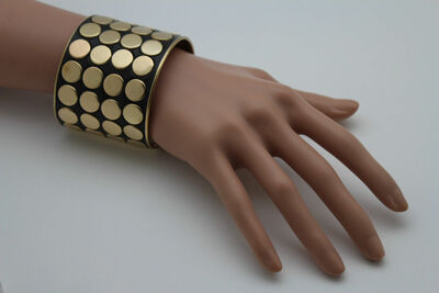 Women Gold Wide Cuff Bracelet Metal Fashion Jewelry Circles Poka Dots Black