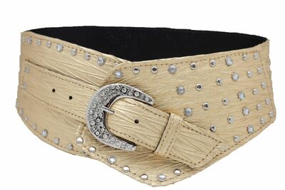 Women Hip Metallic Wet Look Gold Corset Belt Wide Waistband Studs Plus L XL