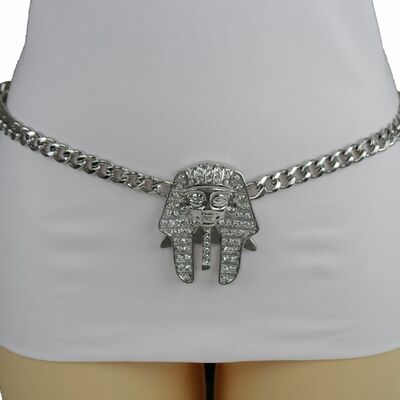 Women hip waist silver metal chain belt pharao egyptian king buckle m l xl