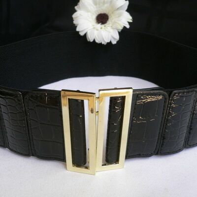 Women hip high waist elastic black hot fashion belt gold metal buckle s m