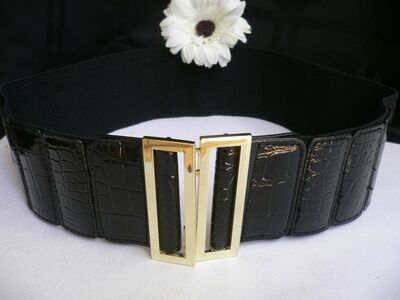 Women HIP HIGH WAIST ELASTIC BLACK HOT FASHION BELT GOLD METAL BUCKLE S M