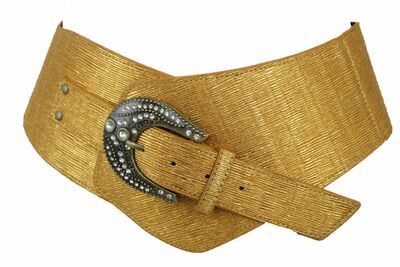 Women Metallic Gold Waist Hip Fashion Belt Vintage Metal Buckle Studs S M