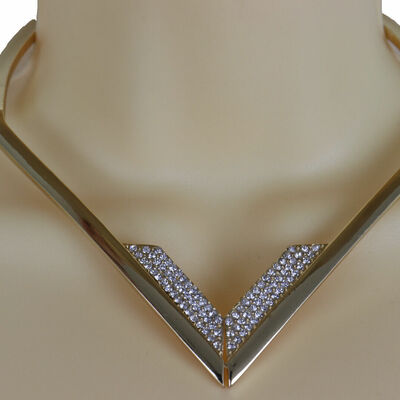 Women party club gold metal strand fashion jewelry choker fancy necklace v