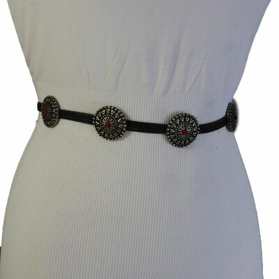 Ethnic women skinny silver metal charms brown tie fabric fashion belt size s m l
