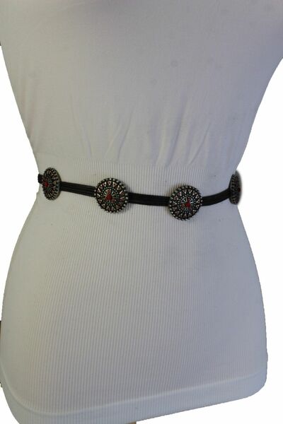 Ethnic Women Skinny Silver Metal Charms Brown Tie Fabric Fashion Belt Size S M L