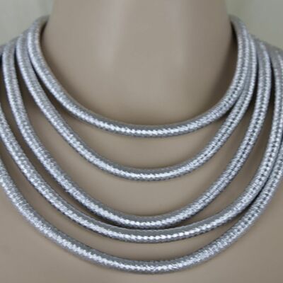 Women short dressy necklace fashion jewelry set metallic silver 5 strands