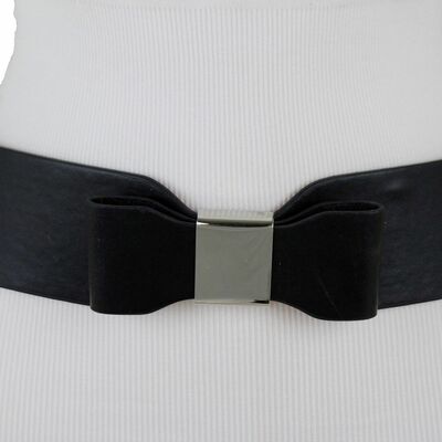 Women elastic black faux leather hip waist fashion belt big bow buckle s m