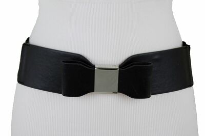Women Elastic Black Faux Leather Hip Waist Fashion Belt Big Bow Buckle S M