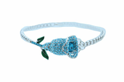 Women Silver Metal Chains Boot Bracelet Shoe Anklet Blue Color Flower Charm