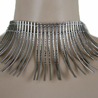 Women silver metal long stripes wide choker fashion necklace african style