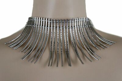 Women Silver Metal Long Stripes Wide Choker Fashion Necklace African Style
