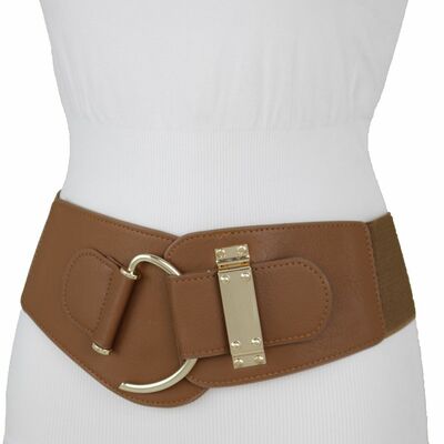 Women brown wide elastic fashion faux leather belt charming hook buckle l xl