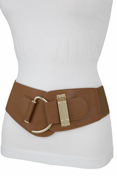Women Brown Wide Elastic Fashion Faux Leather Belt Charming Hook Buckle L XL