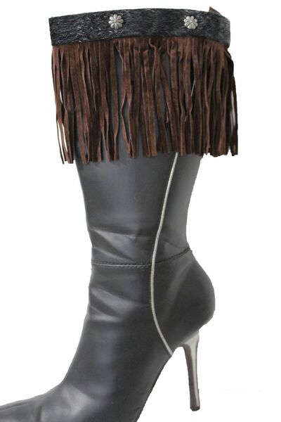 Western Women Winter Boot Toppers Brown Fabric Long Fringe Knee High Flower Sexy