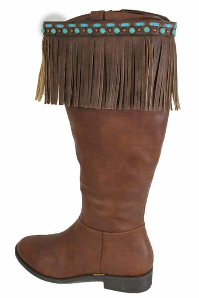 Western Women Winter Boot Toppers Brown Leather Fringe Knee Turquoise Blue Pair