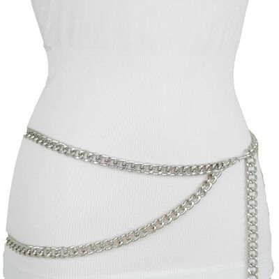 Women hip high waist silver metal thick chain links fashion belt size m l xl