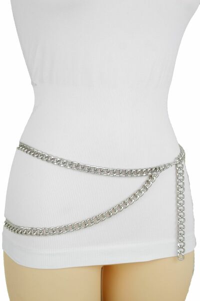 Women Hip High Waist Silver Metal Thick Chain Links Fashion Belt Size M L XL