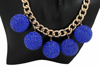 Women Beach Pool Party Fashion Gold Metal Chain Necklace Blue Disco Ball Charms